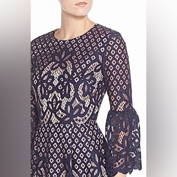 Eliza J Navy Blue Lace Over Nude Dress with Bell Sleeves, Size Medium (10) - Picture 2 of 15